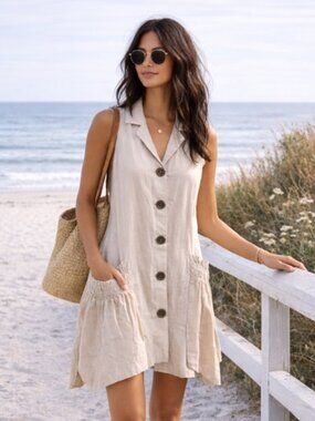 For Cynthia Linen Blend Neutral Light Taupe Sleeveless Coastal Dress, XS